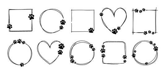 Pet frame. Cat, dog paw frames. Doodle animal footprint border. Hand drawn circle, heart, square, round shapes with walking paws. Empty bubble for animal lovers. Vector set © Foxy Fox