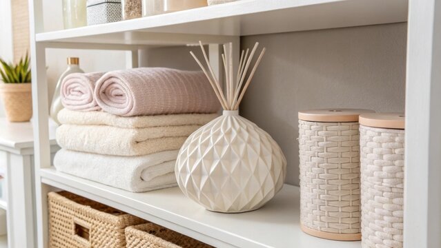 The room showcases a singular decorative vase on a wellorganized shelf surrounded by soft shades of cream and taupe promoting a tranquil environment.