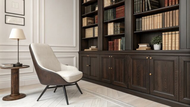 A stylishly minimalist library environment characterized by dark wooden shelving an unobtrusive chair and orderly rows of books that emphasize functionality and calm.