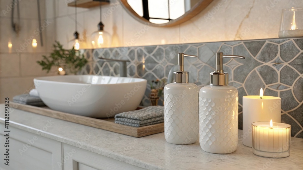 Poster a serene bathroom scene highlighted by sleek white fixtures warm diffused light illuminating the spa