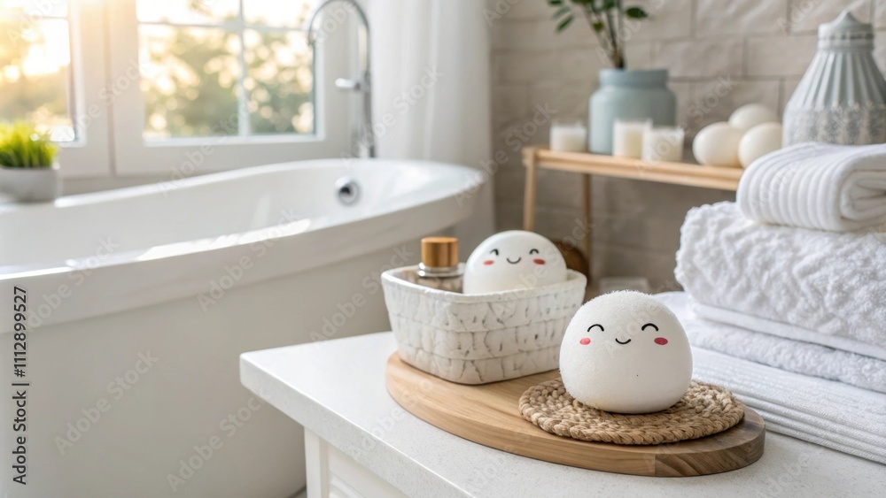 Poster An airy bathroom characterized by minimalist white surfaces soft natural illumination creating a calming ambiance and a textured gray backsplash adding depth to the design.