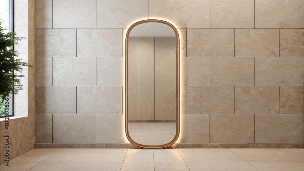 Poster A minimalist setting showcasing a simple elongated mirror reflecting soft glows set against a backdrop of neutraltoned tiles that create a calm and inviting atmosphere.