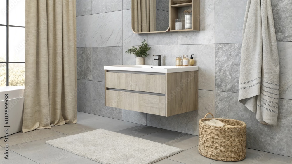 Poster a contemporary space showcasing a wallmounted floating vanity paired with textured gray tiles on bot