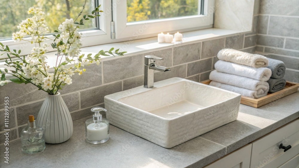 Poster A harmonious design featuring a clean rectangular sink framed by subtle gray tiles illuminated by soft natural light evoking a sense of relaxation and calmness.
