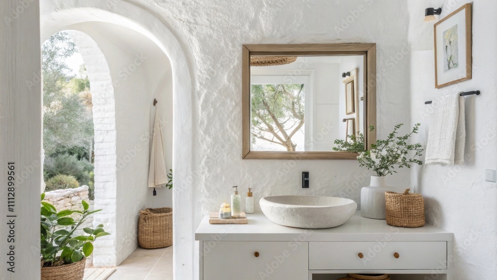 Poster This lightfilled room is adorned with smooth white walls and a chic basin offering a fresh ambiance. The frameless mirror integrates seamlessly enhancing the overall
