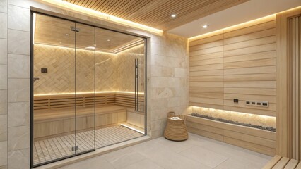 A stylish area with a minimalist vibe highlighted by a glass shower area a warm beige tile backsplash and softly lit neutral lighting for a cozy feel.