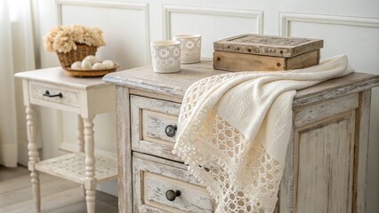The scene showcases a rustic nightstand made of distressed wood accompanied by a beautifully textured lace throw laid smoothly on top complemented by a calming color scheme