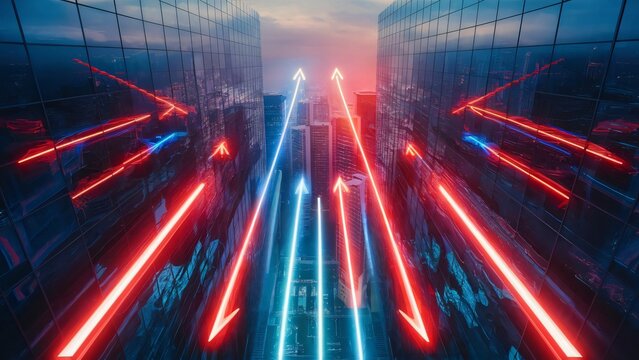 Futuristic Cityscape with Neon Arrows, Upward Trend, Growth, and Progress Concept