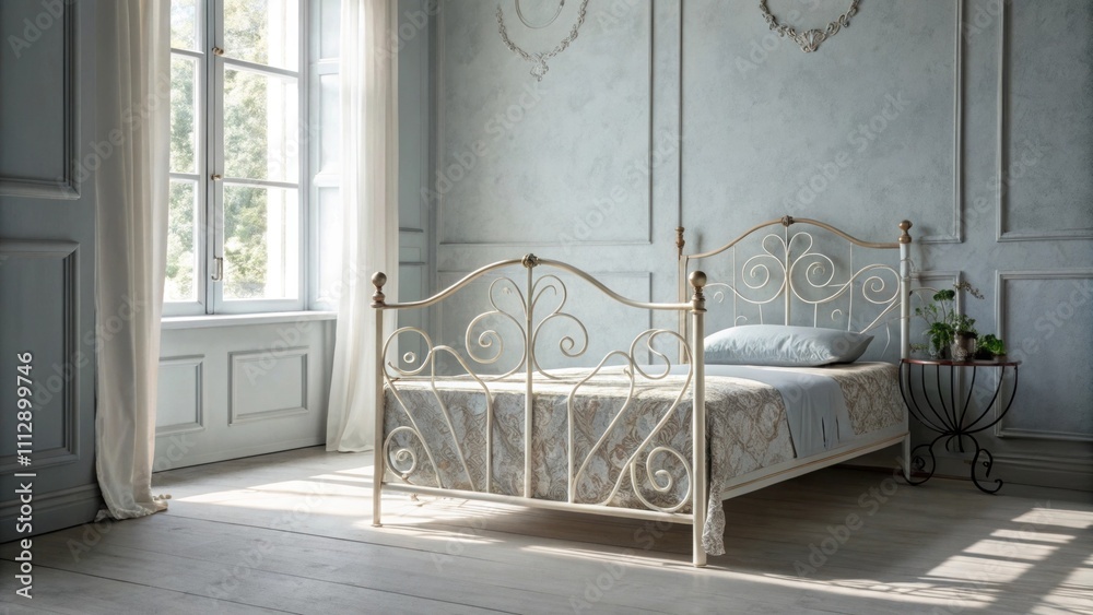 Poster the room exudes nostalgia centering on a beautifully crafted wroughtiron bedframe against soft gray 