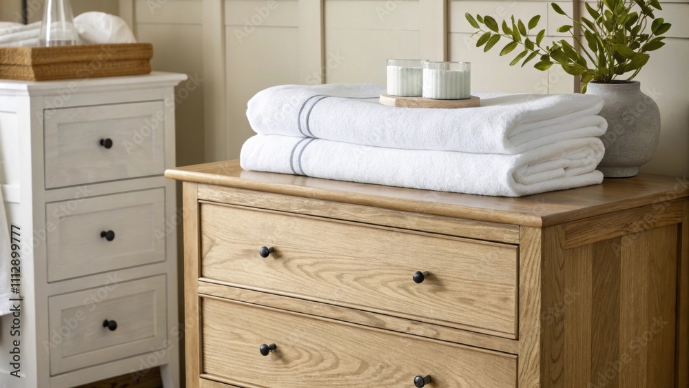 Poster The room showcases a beautifully crafted wooden dresser complemented by crisp white linen sheets that create a tranquil and inviting space.