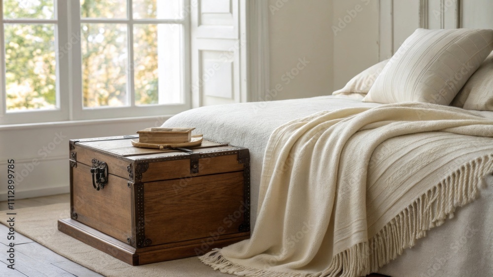 Aufkleber A serene bedroom scene highlighting a classic wooden chest in a corner with a luxurious linen blanket invitingly arranged on the bed enhanced by the calming influence of
