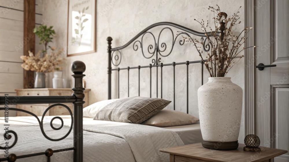 Poster A spacious minimalist interior highlights a dark wroughtiron bedframe contrasting with the muted tones of the room while a single vase adds a touch of warmth to the decor.
