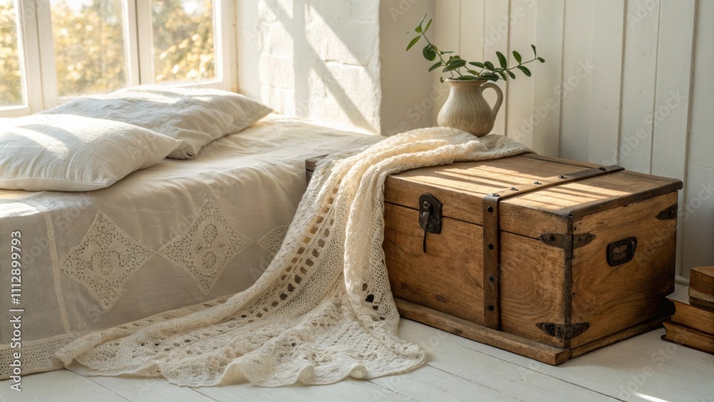Poster a serene sleeping space showcasing a rustic wooden chest that adds charm complemented by a soft lace