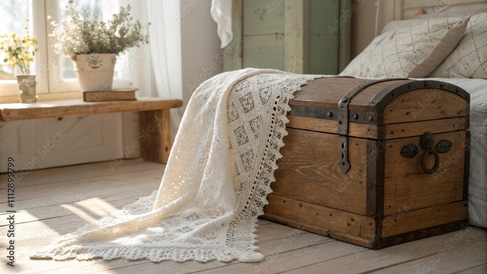 Poster an inviting bedroom scene with a vintagestyle wooden chest accented by a white lace throw enhanced b