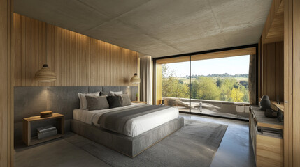 A comfortable king-size bed, the centerpiece of the room, is placed on a soft gray carpet that contrasts with the polished concrete floor. The bed is stylishly dressed with cozy linens, adding a layer