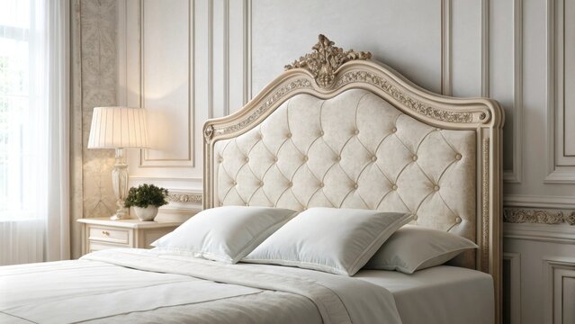 A serene minimalist setting showcasing a vintagestyle headboard against a softly lit backdrop complemented by smooth unwrinkled white sheets on the bed.