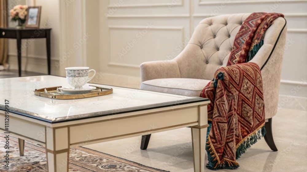 Poster a refined room aesthetic highlighted by a sleek coffee table and a vibrant patterned throw with a so