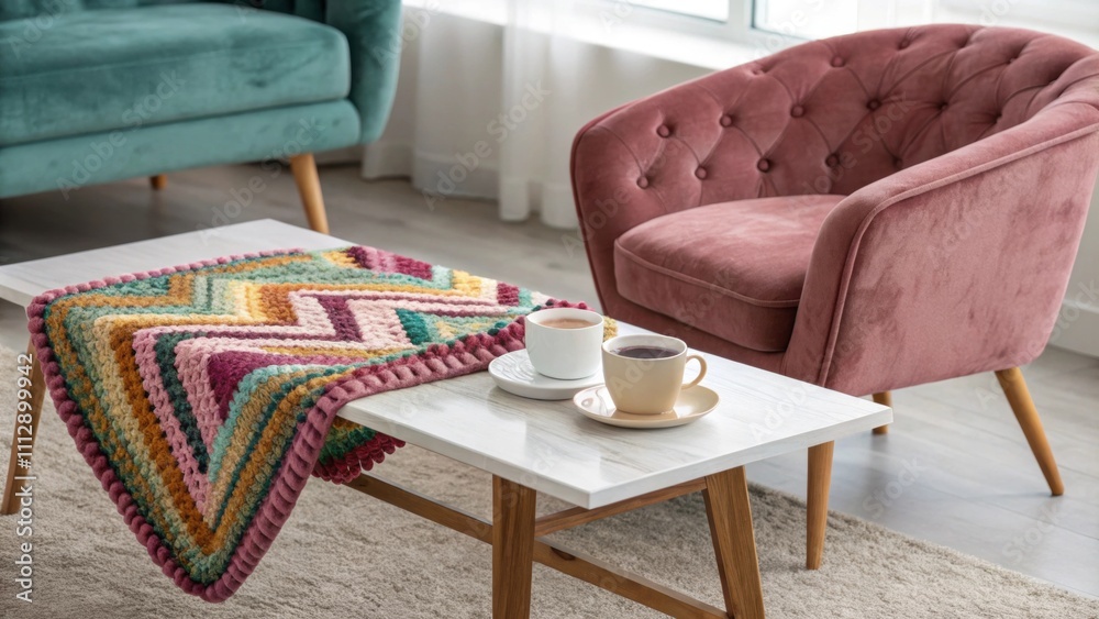 Poster a stylish sitting area with a modern coffee table adorned with a colorful patterned throw and a sump