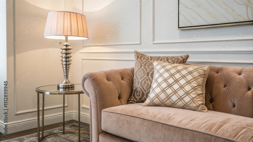 Aufkleber An inviting velvet sofa plush and plush showcases a decorative patterned pillow accompanied by a modern metallic table lamp that reflects light creating a cozy corner in a