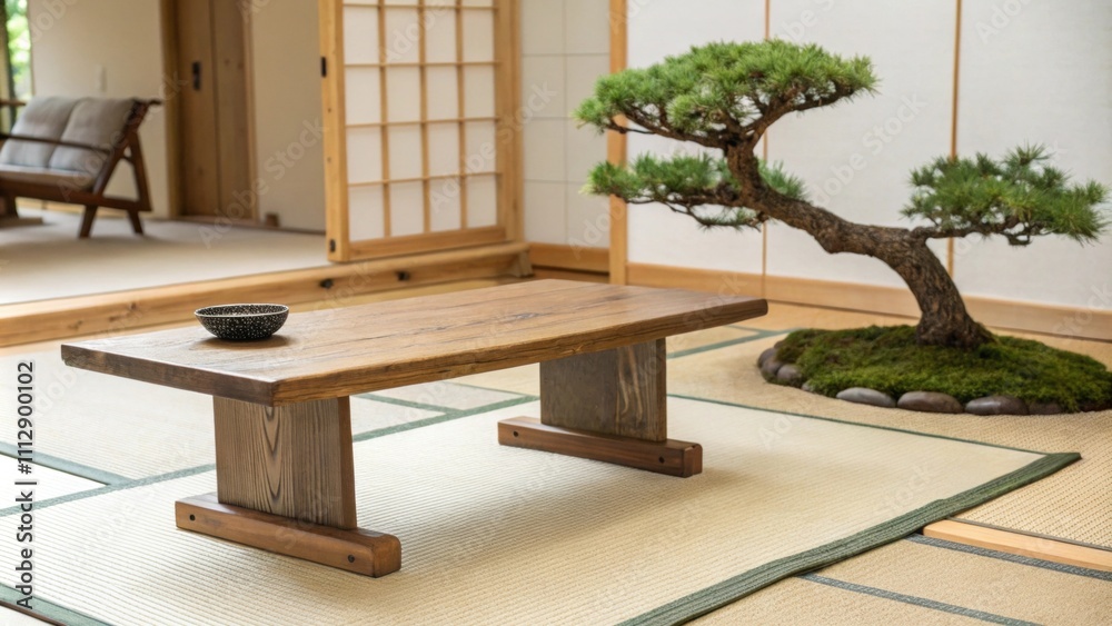 Poster The serene setting showcases a simple wooden table resting on a lightcolored mat accompanied by a small intricately pruned bonsai tree that adds a touch of nature.