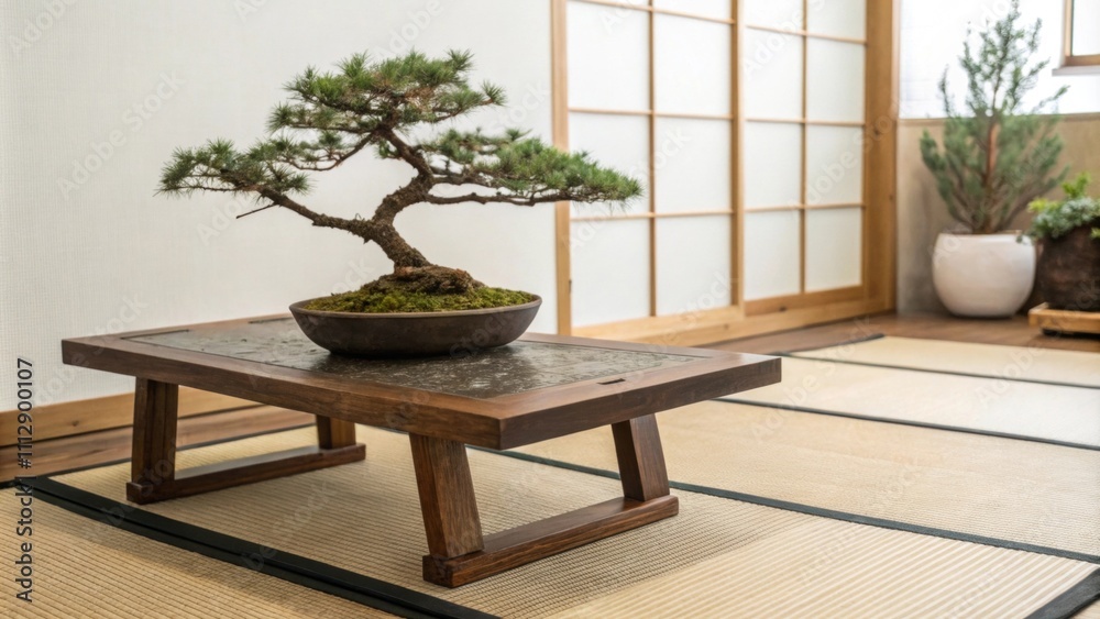 Aufkleber In a minimalist environment a lowprofile wooden table sits on a muted mat highlighting a small bonsai tree that brings a sense of tranquility and balance to the space.