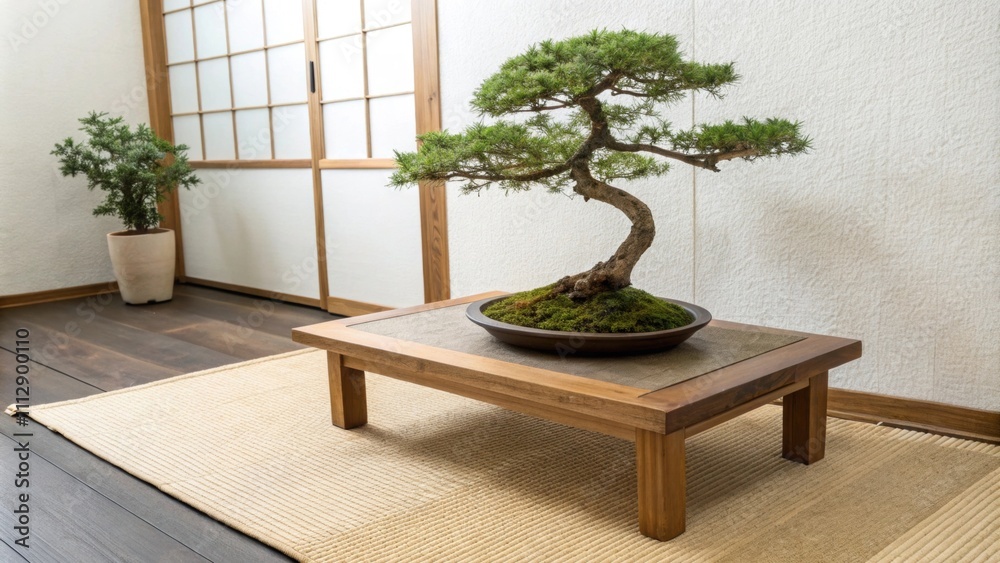 Poster A tranquil arrangement includes a low wooden table on a subtle beige mat complemented by a lovingly maintained bonsai tree that introduces an organic element.