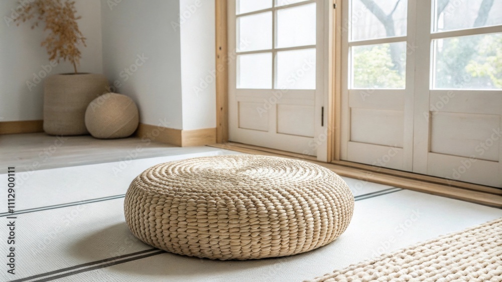 Poster an uncluttered zeninspired room adorned with bright white walls a round woven floor cushion in a nat