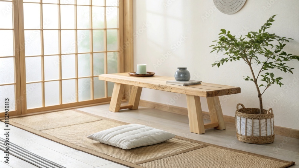 Poster An inviting Zen space illuminated by gentle natural light showcasing a minimalist wooden bench atop a lighttoned neutral floor mat creating a sense of peace and relaxation.