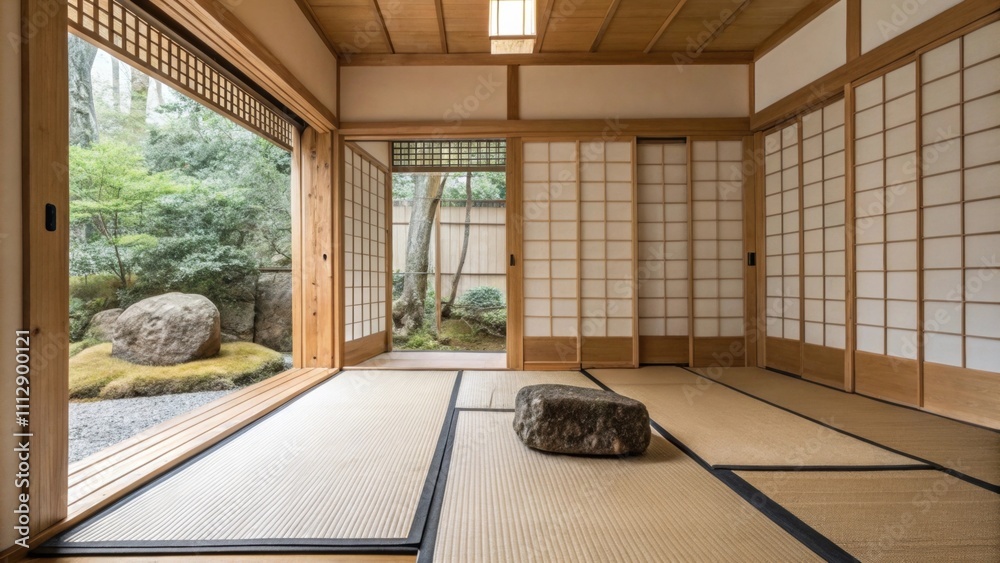 Poster A tranquil space where a tatami mat creates a natural foundation accompanied by a beautifully crafted bamboo screen that enhances the rooms character and a single