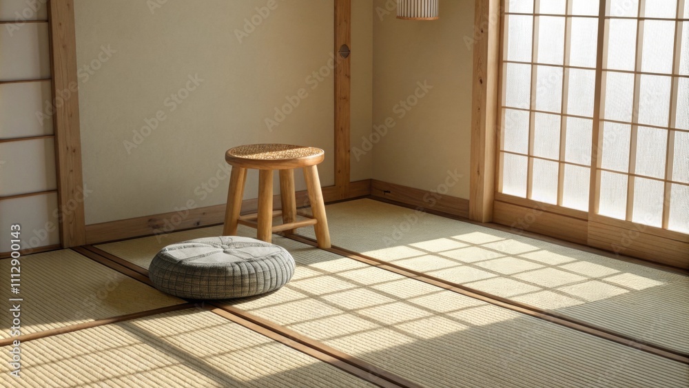 Poster a tranquil space featuring a textured tatami mat a simple bamboo stool and gentle sunlight illuminat