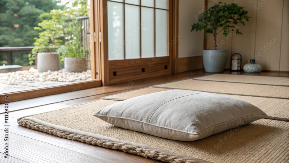 Aufkleber a tranquil space highlighting a smooth natural wood surface and a solitary floor pillow set against 