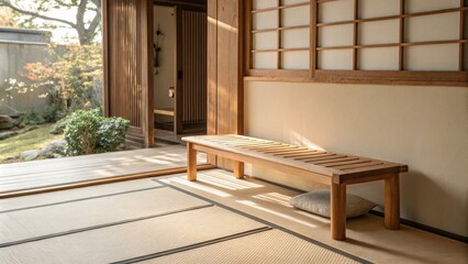 A peaceful uncluttered environment where soft natural light filters through casting warm tones on a wooden bench and a smooth neutral floor mat embodying serenity.