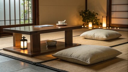 Fototapeta premium An inviting meditation area characterized by a sleek lowprofile wooden table paired with a cozy lighthued floor cushion bathed in warm subtle lighting that fosters