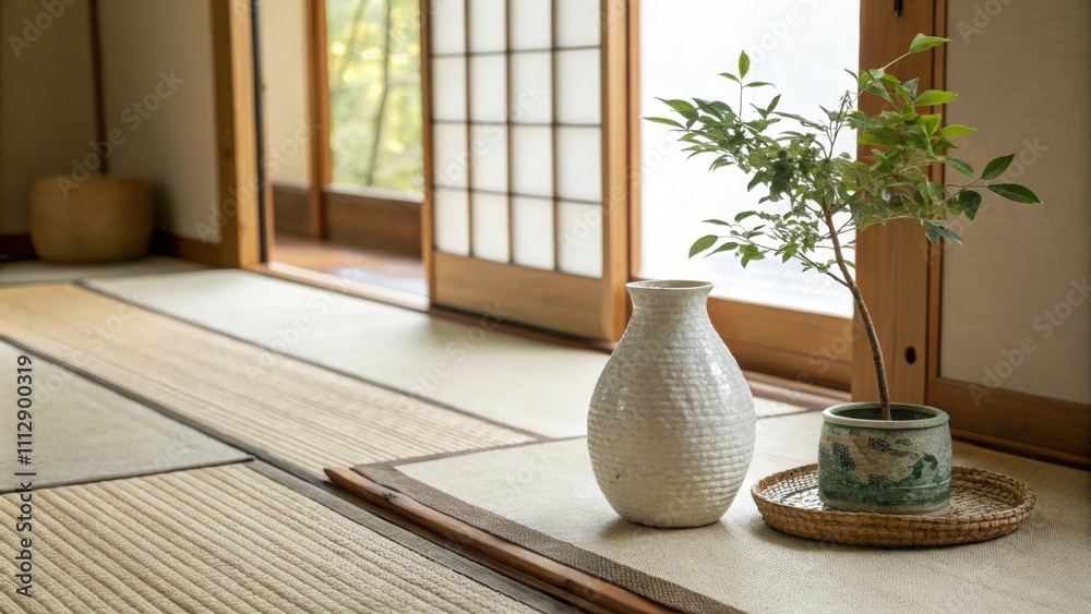 Poster An inviting space displays a tatami mat a simple yet elegant ceramic vase and the soothing effect of soft natural light filtering through creating a calming atmosphere.