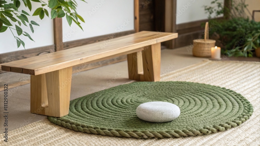 Poster An uncluttered Zen setting with a sy wooden bench resting on a lush woven rug paired with a solitary smooth stone for decorative simplicity.