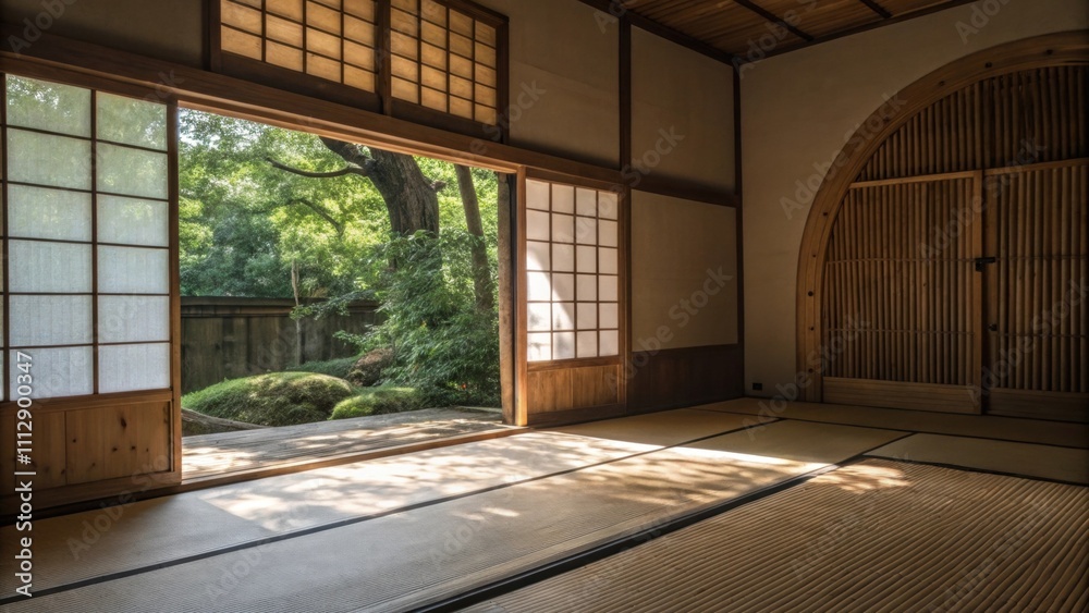 Poster a tranquil room with a traditional tatami mat illuminated by gentle natural light streaming through 