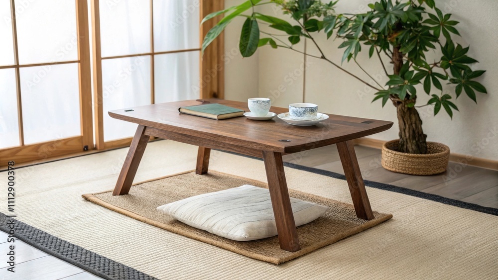 Poster The serene setting features an elegant low wooden table resting on a lighttoned mat complemented by a indoor plant that brings a hint of nature.