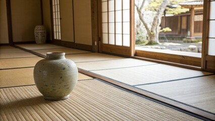 A minimalist interior highlights a tatami mat with a compact ceramic vase atop it surrounded by the gentle embrace of natural light that infuses the space with tranquility.