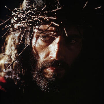 Portrait of Jesus of Nazareth with a crown of thorns during the Passion of Christ