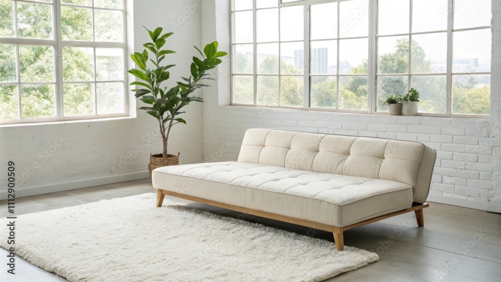 Aufkleber An openconcept studio showcasing a streamlined couch that converts into a bed p on a pristine white rug with a solitary green plant standing by the large window enhancing