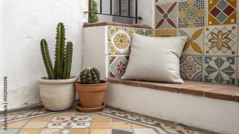 Poster A cozy tiled courtyard with a mix of colorful tiles highlighted by a simple neutral throw pillow p on a bench alongside a decorative single cactus in a modern pot.