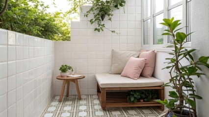 Fototapeta premium A bright outdoor nook with clean glossy tiles a subtlecolored cushion perched on a tiny wooden table and surrounding greenery bringing life to the serene environment.
