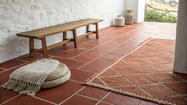 A tranquil minimalist patio showcasing a rich terracotta floor a cozy woven rug adding softness and a straightforward wooden bench positioned to face an unobstructed view.