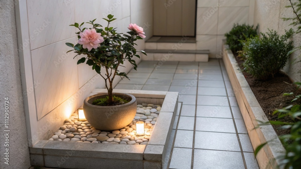 Poster an elegant garden nook displaying minimalistic tiles underfoot featuring a modest ceramic flower pot