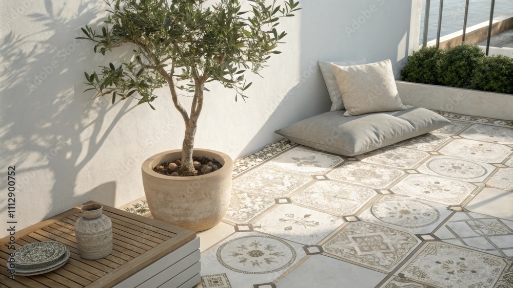 Poster A serene terrace adorned with elegant tiles a single olive tree casting gentle shadows and a soft cushion in calming neutral tones creating a perfect nook for relaxation.