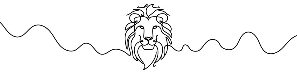 One continuous line illustration of a lion head, isolated on white background. Line art of lion head.