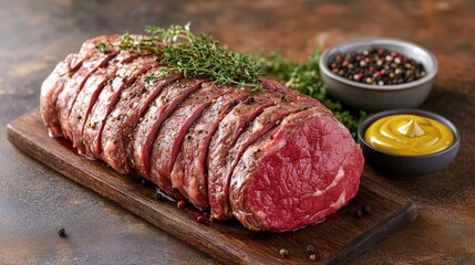 A beautifully sliced roast beef on a wooden board, garnished with herbs and mustard.