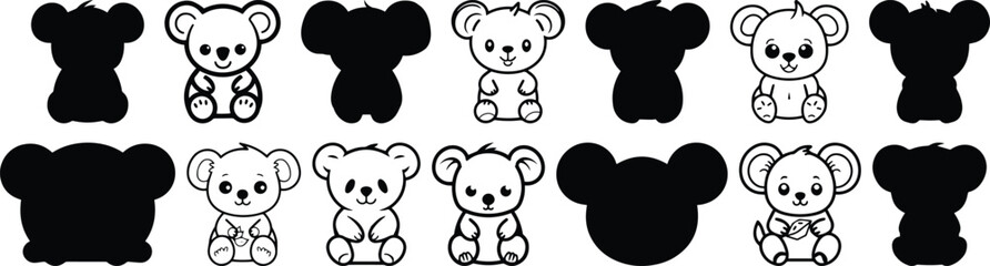 Obraz premium Koala silhouettes set, animal pack of vector silhouette design, isolated background