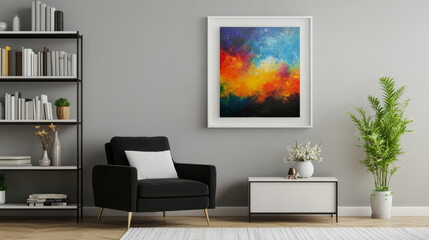  A sleek coffee table sits at the center, adding functionality and style to the space. The room’s backdrop is accented with a vibrant blue and yellow wall, creating a contemporary, energetic atmospher