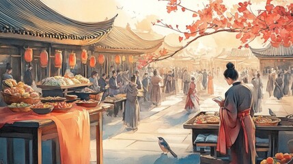 Autumn Market Day in Ancient Chinese City